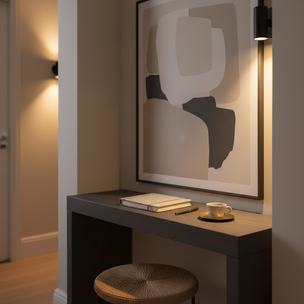 A narrow hallway console transformed into a compact working nook, featuring a charcoal-stained wood surface with a closed linen-covered planner, a graphite-colored fountain pen, and a small speckled ceramic espresso cup on a brass saucer. Above, a large unframed neutral abstract art piece anchors the scene, while a woven stool tucks neatly beneath the console. Soft ambient evening light from an adjacent room creates gentle side illumination, with a single wall sconce adding a warm glow. Photographic realism, slightly off-center composition, medium depth of field. The mood is sophisticated and inventive, highlighting how to carve out stylish micro-workspaces in everyday spaces.