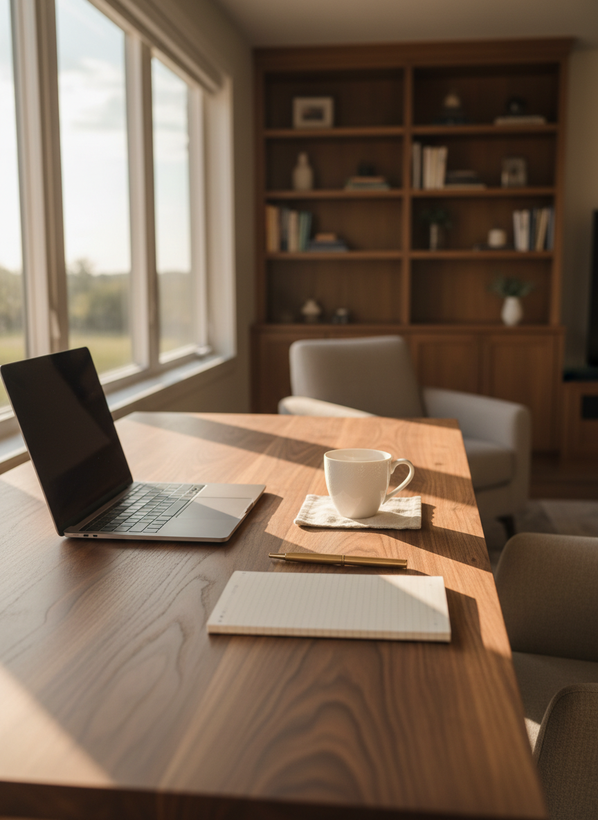 A meticulously arranged walnut desk workspace featuring a slim silver laptop slightly open, a pristine white ceramic coffee cup with a delicate handle resting on a linen coaster, and a single brass pen aligned beside a dotted cream notebook. The desk sits near a large window, with soft morning sunlight washing over the wood grain and casting gentle, elongated shadows. In the blurred background, built-in bookshelves and a neutral fabric armchair suggest a cozy, functional living area. Photographic realism, eye-level composition with a slightly elevated angle, shallow depth of field, and a calm, sophisticated mood that feels like an inviting home office sanctuary.