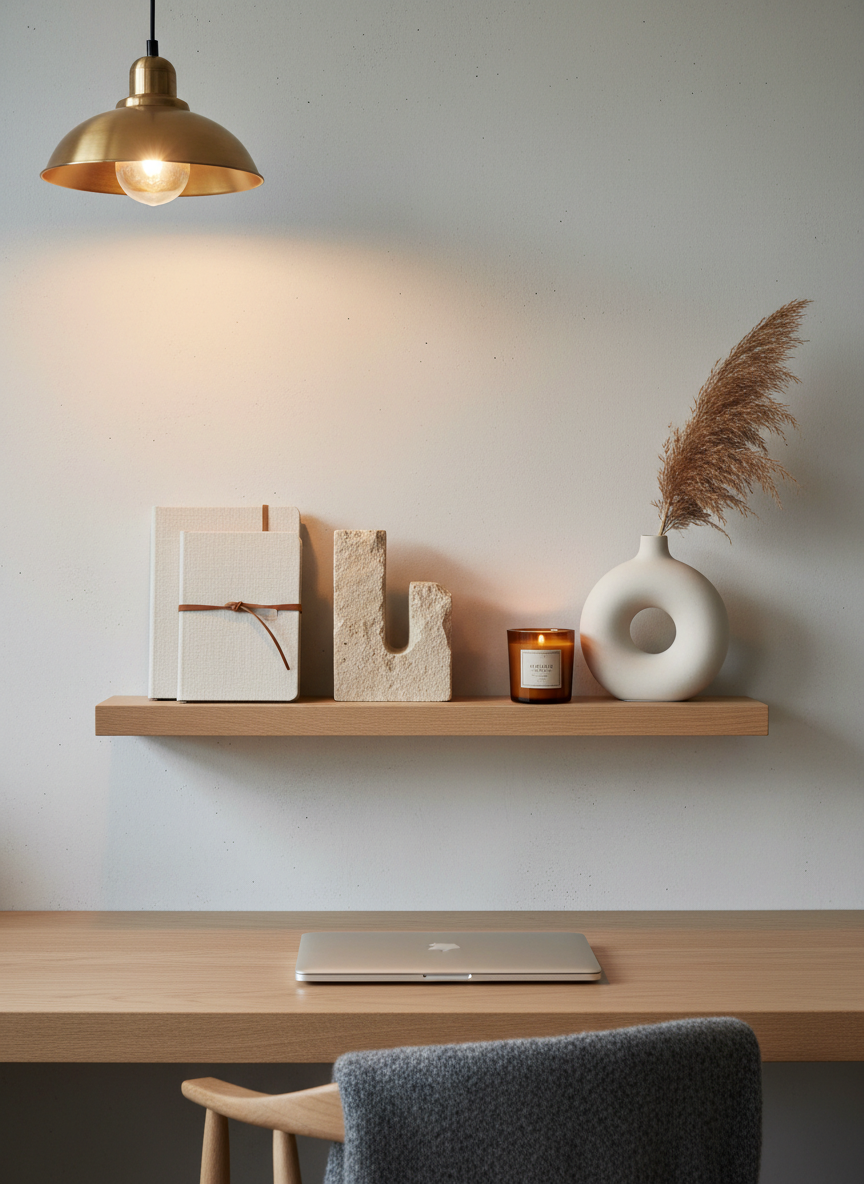 A thoughtfully styled shelf above a minimalist desk, displaying a curated mix of lifestyle objects: a stack of linen-bound notebooks, a sculptural sandstone bookend, a small amber glass candle, and a matte white ceramic vase with a single dried stem. Below, the edge of a light oak desk with a closed laptop and a neatly folded cashmere throw over the chair seat suggests a workspace just stepped away from. Warm pendant lighting casts soft pools of light and subtle shadows, emphasizing textures. Photographic realism, eye-level straight-on composition, clean and modern, conveying a refined, cozy-elegant approach to everyday living and desk decor.
