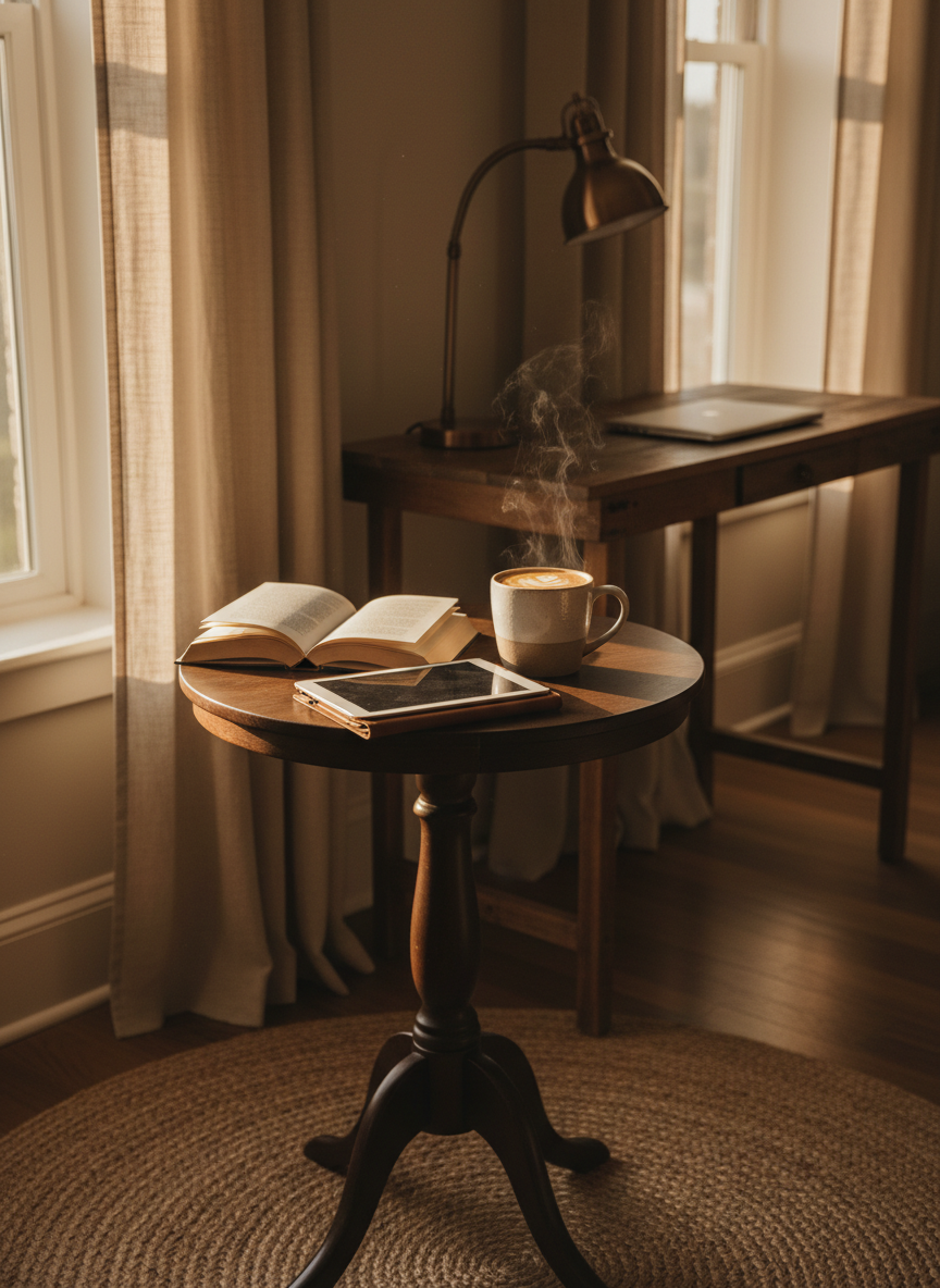 A cozy coffee-and-desk corner featuring a compact round bistro table in dark-stained wood, holding a hardcover book, a cream-colored stoneware mug with latte art, and a slim tablet in a leather folio. Behind, a narrow console desk with a small task lamp and closed laptop hints at a flexible workspace. Warm golden hour light streams through nearby windows, catching steam rising from the mug and creating a gentle glow on textured linen curtains and a woven jute rug below. Photographic realism, slightly angled side view, medium depth of field. The mood is intimate and sophisticated, perfect for slow mornings and reflective journaling.