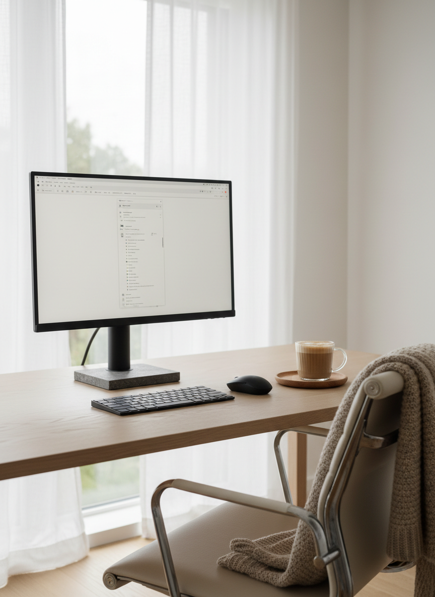 A serene home workspace on a pale oak table, centered around a slim monitor on a stone-gray stand, flanked by a matte black wireless keyboard and mouse. A ribbed glass mug filled with cappuccino sits on a small oak tray, next to a neatly folded beige knit throw draped over the chair back. Soft overcast daylight filters through sheer white curtains, creating diffused, even lighting with minimal shadows. The composition follows the rule of thirds with balanced negative space, sharp focus throughout. Photographic realism with a modern, minimalist aesthetic, evoking a quietly productive, cozy lifestyle ideal for writing, reading, and thoughtful work.