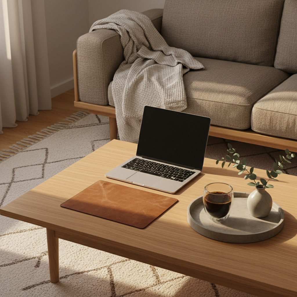 A functional yet cozy living room workspace setup, with a slim laptop and leather mousepad placed on a light oak coffee table beside a low, structured sofa in taupe fabric. A wool throw is casually arranged on the sofa arm, while a stoneware tray on the table holds a double-walled glass of black coffee and a tiny vase with eucalyptus. Late afternoon natural light pours in from an unseen side window, creating warm highlights on the table’s surface and soft shadows on a textured rug. Photographic realism, wide-angle composition capturing the full vignette, showcasing the balance between everyday living, comfort, and productivity.