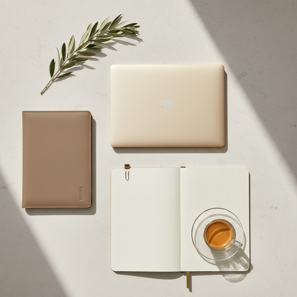 A meticulously organized desktop flatlay on a pale stone surface, showcasing lifestyle work essentials: a closed sand-colored laptop, a taupe leather folio, a cream grid notebook with brass paper clips, and a ribbed glass espresso cup on a matching saucer. A sprig of olive branch rests diagonally across the composition, adding organic texture. Overhead natural light from a skylight creates soft, diffuse illumination with barely-there shadows, emphasizing clean lines and subtle tonal contrasts. Photographic realism, bird’s eye view with balanced, symmetrical arrangement. The scene feels elegant, calm, and intentional, embodying a sophisticated approach to curating stylish, functional work and coffee moments.